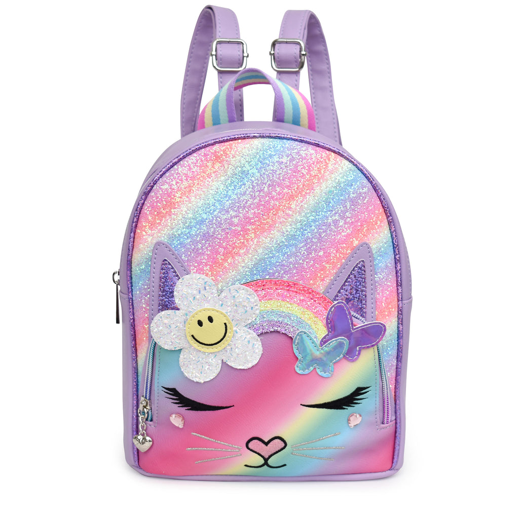 Front view of glitter ombre kitty cat mini backpack with daisy-rainbow crown