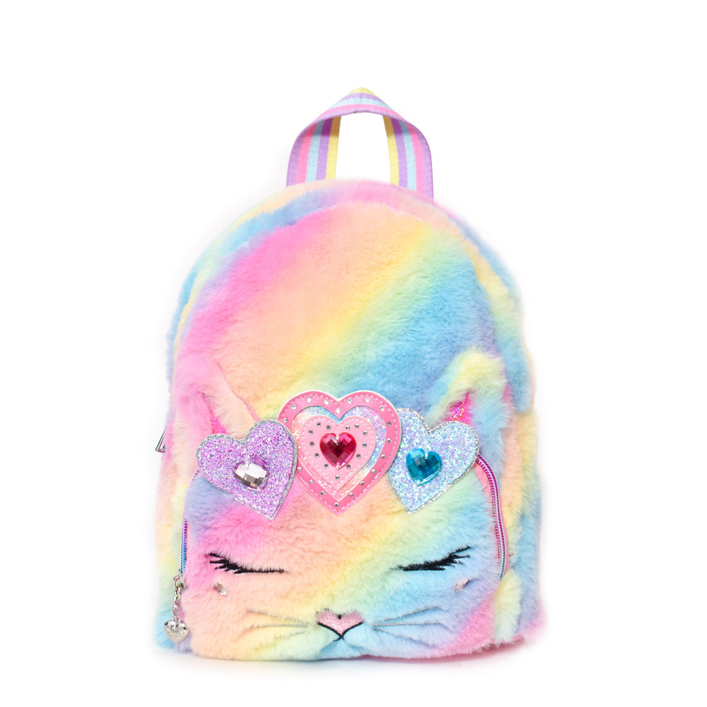Front view of a ombre plush cat face mini backpack embellished with a glitter and rhinestone heart crown appliqué.
