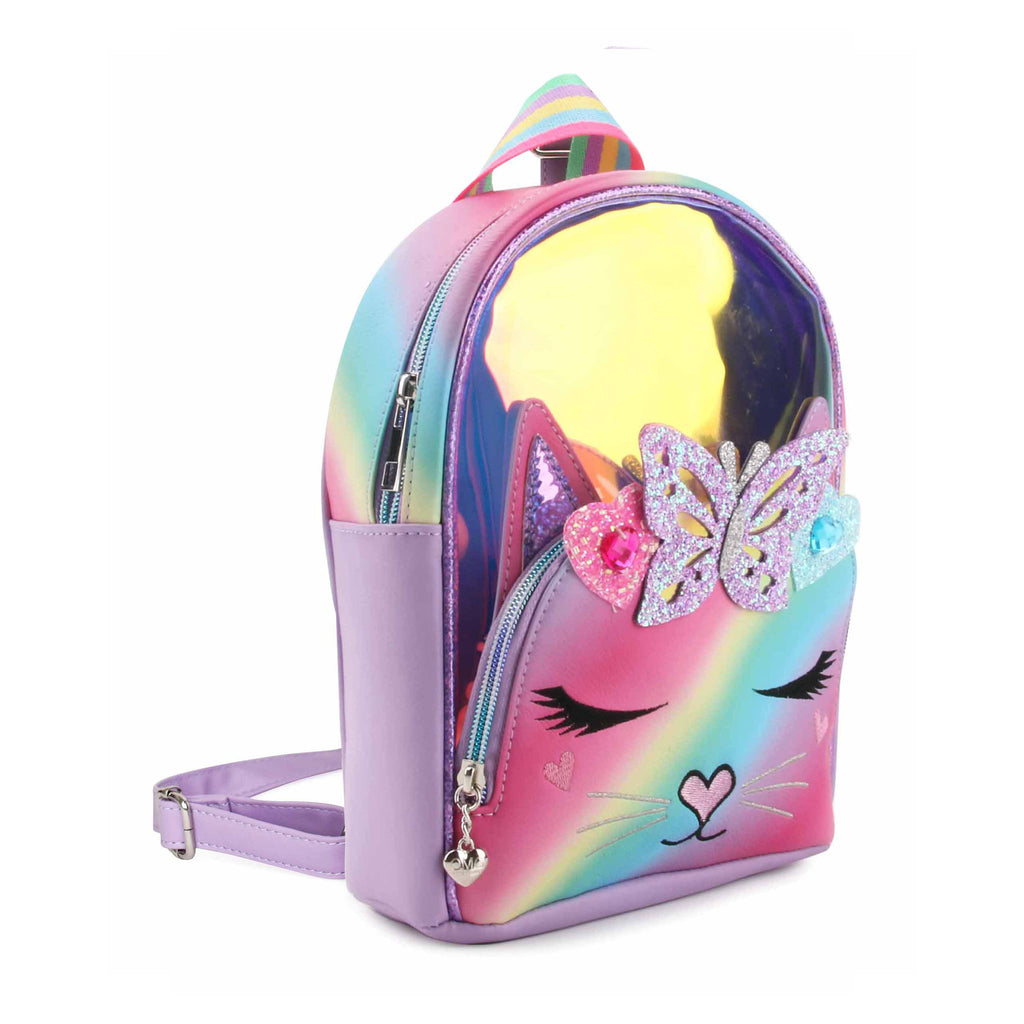 Side view of purple glazed kitty face mini backpack with glitter heart and butterfly appliqués