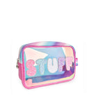 Sideview of blue glazed transparent pouch with glitter bubble letters 'STUFF' appliqué