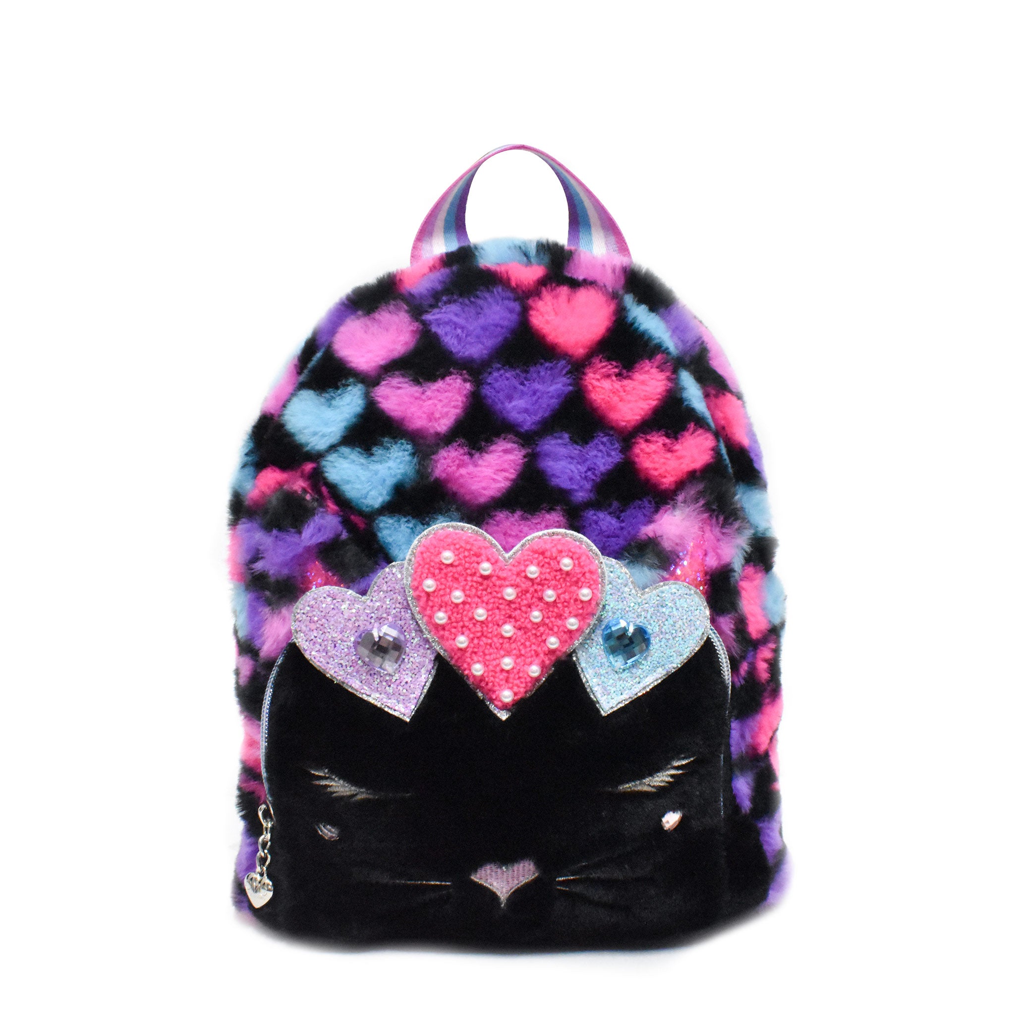 Front view of a Kitty Cat Mini Backpack with a Black Plush Front Pocket, and a Pink, Purple, and Blue Heart Print Backing