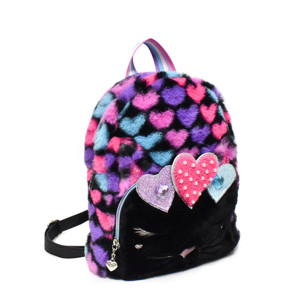 Side View of a Kitty Cat Mini Backpack with a Black Plush Front Pocket, and a Pink, Purple, and Blue Heart Print Backing