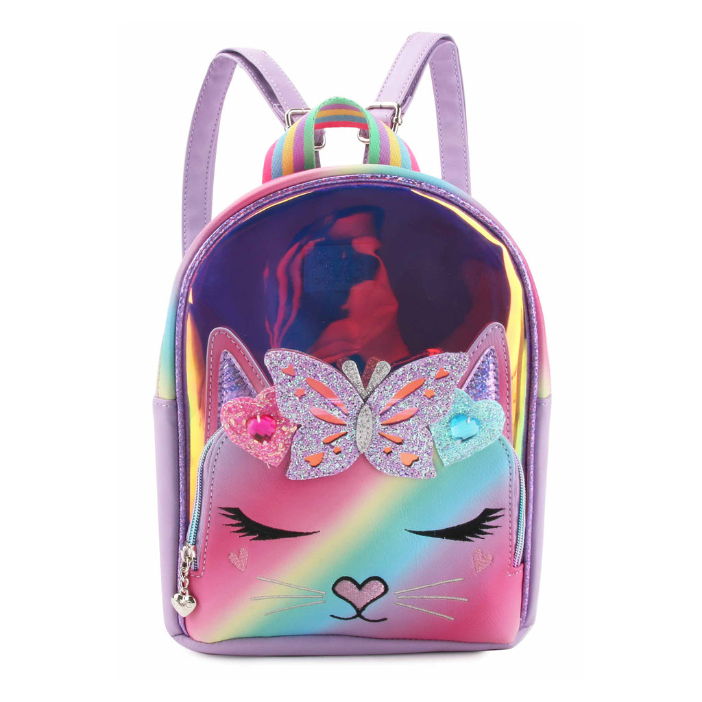 Front view of purple glazed kitty face mini backpack with glitter heart and butterfly appliqués 