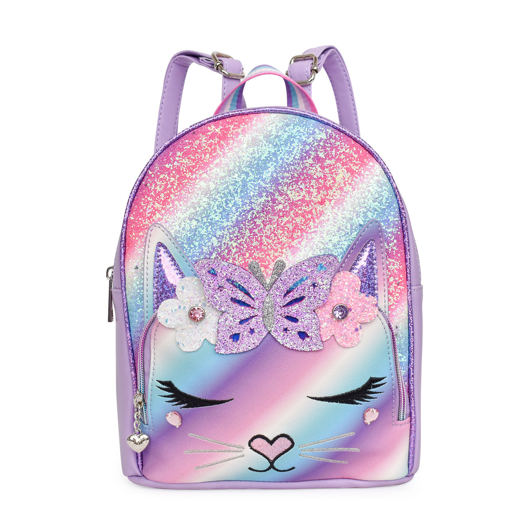 Front view of a glitter stripes kitty face backpack embellished with a glitter flower and butterfly crown.