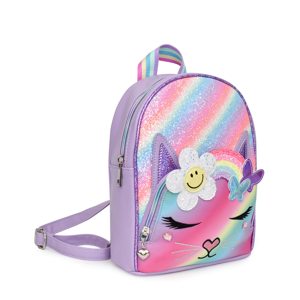 Side view of glitter ombre kitty cat mini backpack with daisy-rainbow crown