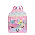 Front view of a glitter mini backpack with a kitty face & a glitter flower and heart crown appliqué 