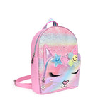 Side  view of a glitter mini backpack with a kitty face & a glitter flower and heart crown appliqué
