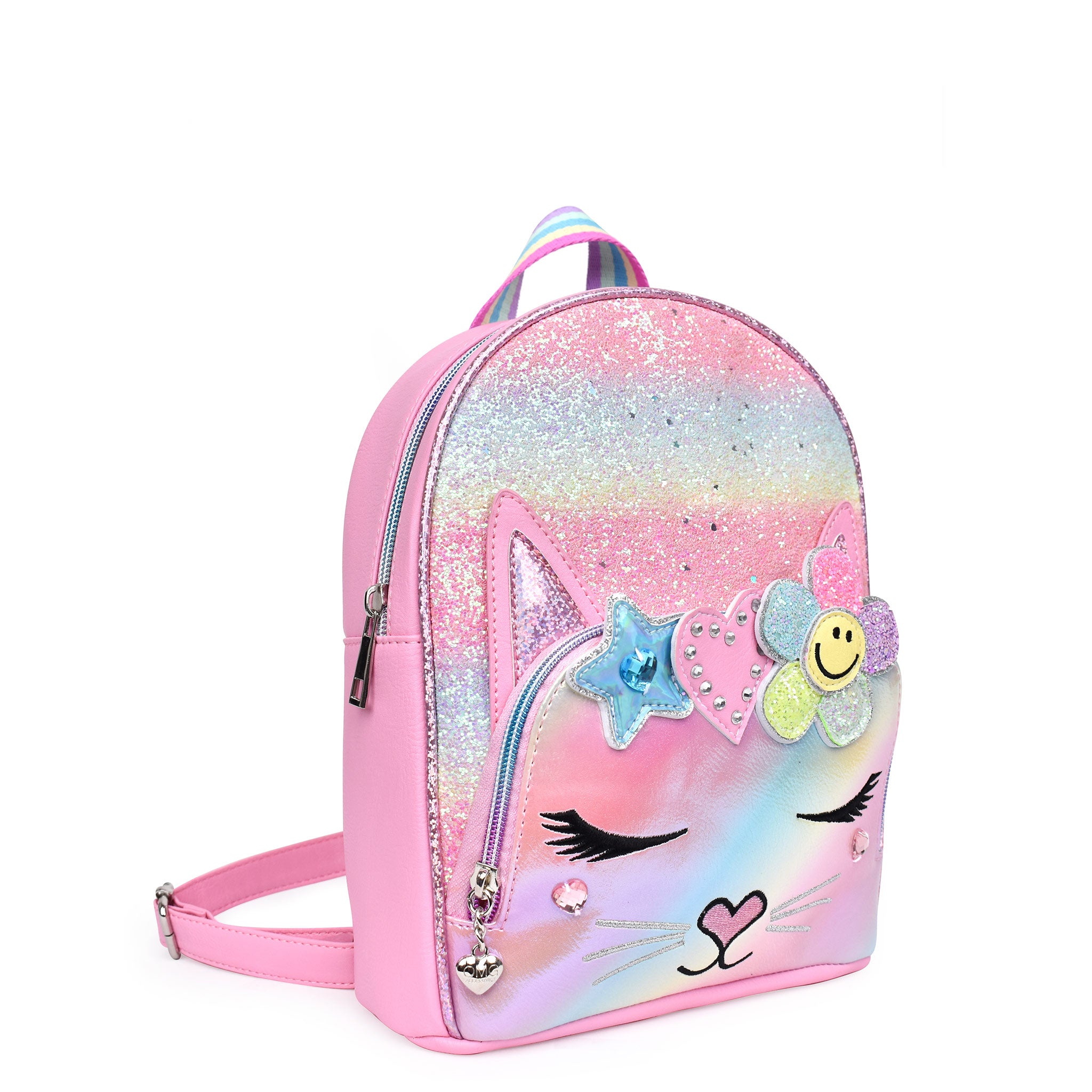 Side  view of a glitter mini backpack with a kitty face & a glitter flower and heart crown appliqué
