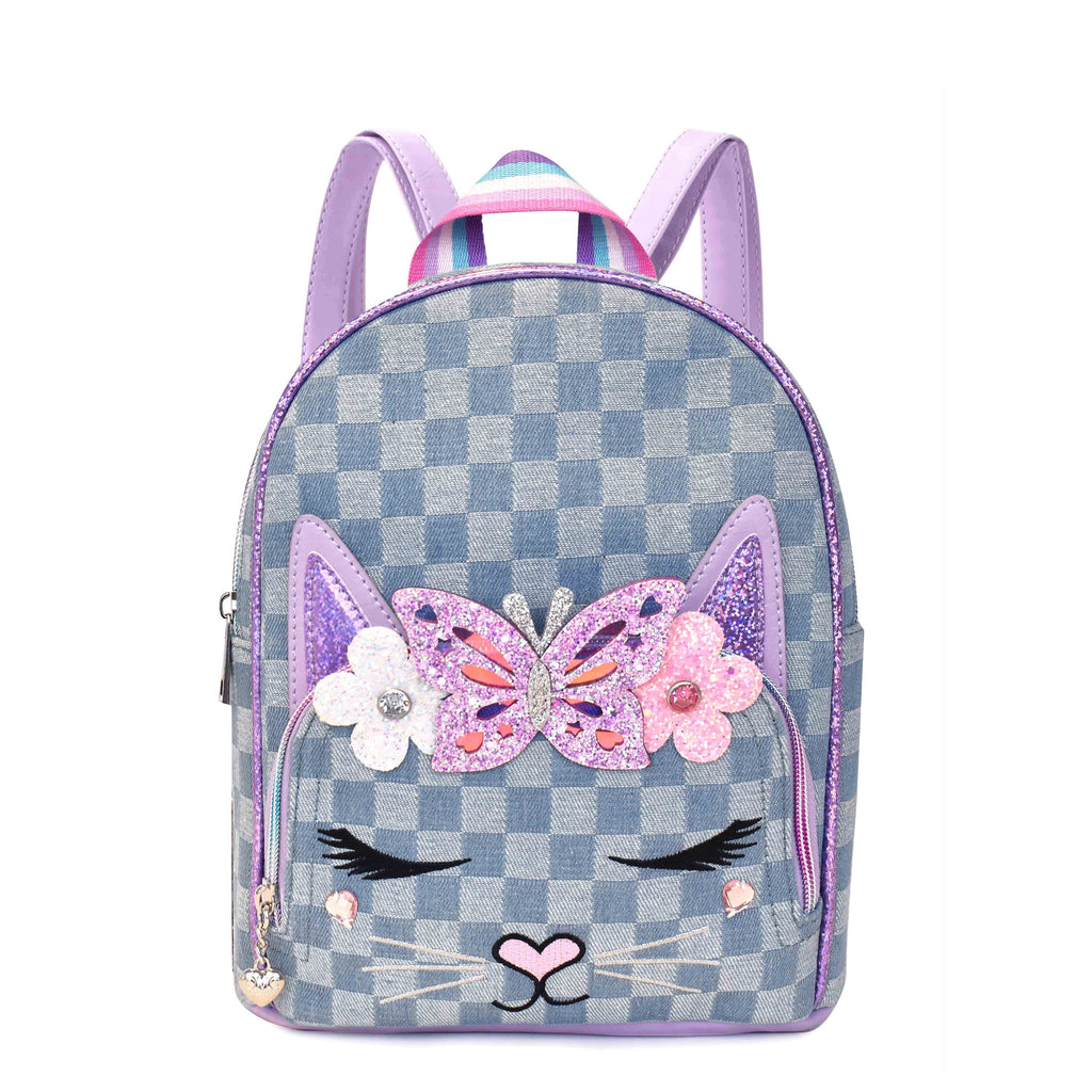Front view of a kitty cat face denim checkerboard printed mini backpack with glitter butterfly and flower appliqués  