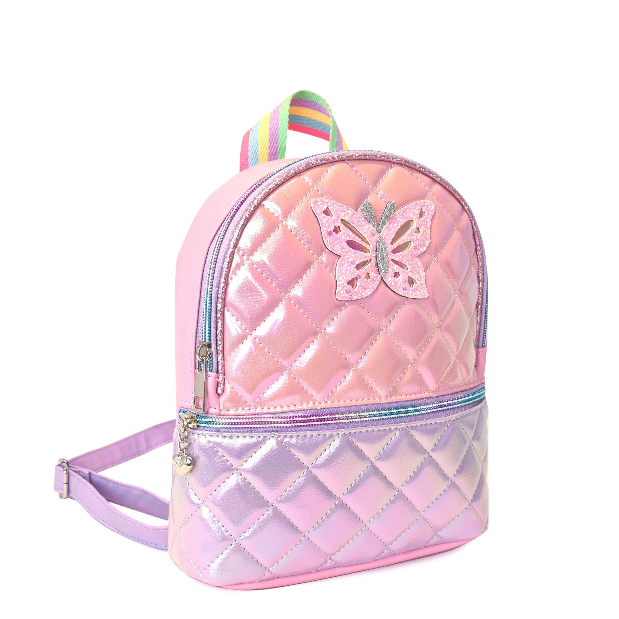 Side view of a two-toned pink and purple metallic quilted mini backpack embellished with a glitter butterfly appliqué\