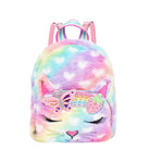 Front view of a rainbow ombre kitty cat face mini backpack with a rainbow strawberry crown appliqué 