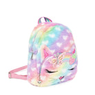 Side view of a rainbow ombre kitty cat face mini backpack with a rainbow strawberry crown appliqué