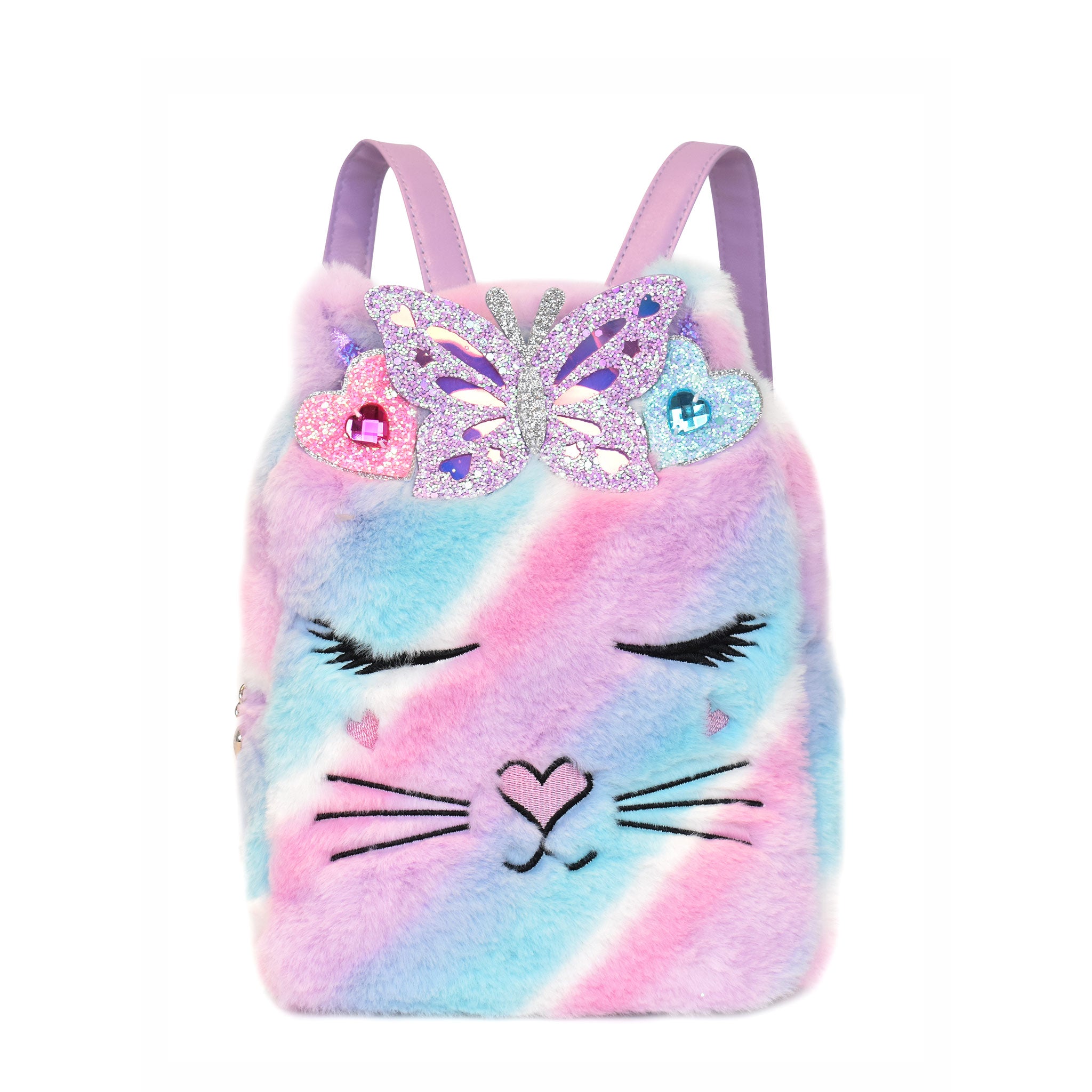Front view of a cool-toned ombre plush kitty cat face mini backpack with a glitter butterfly crown 