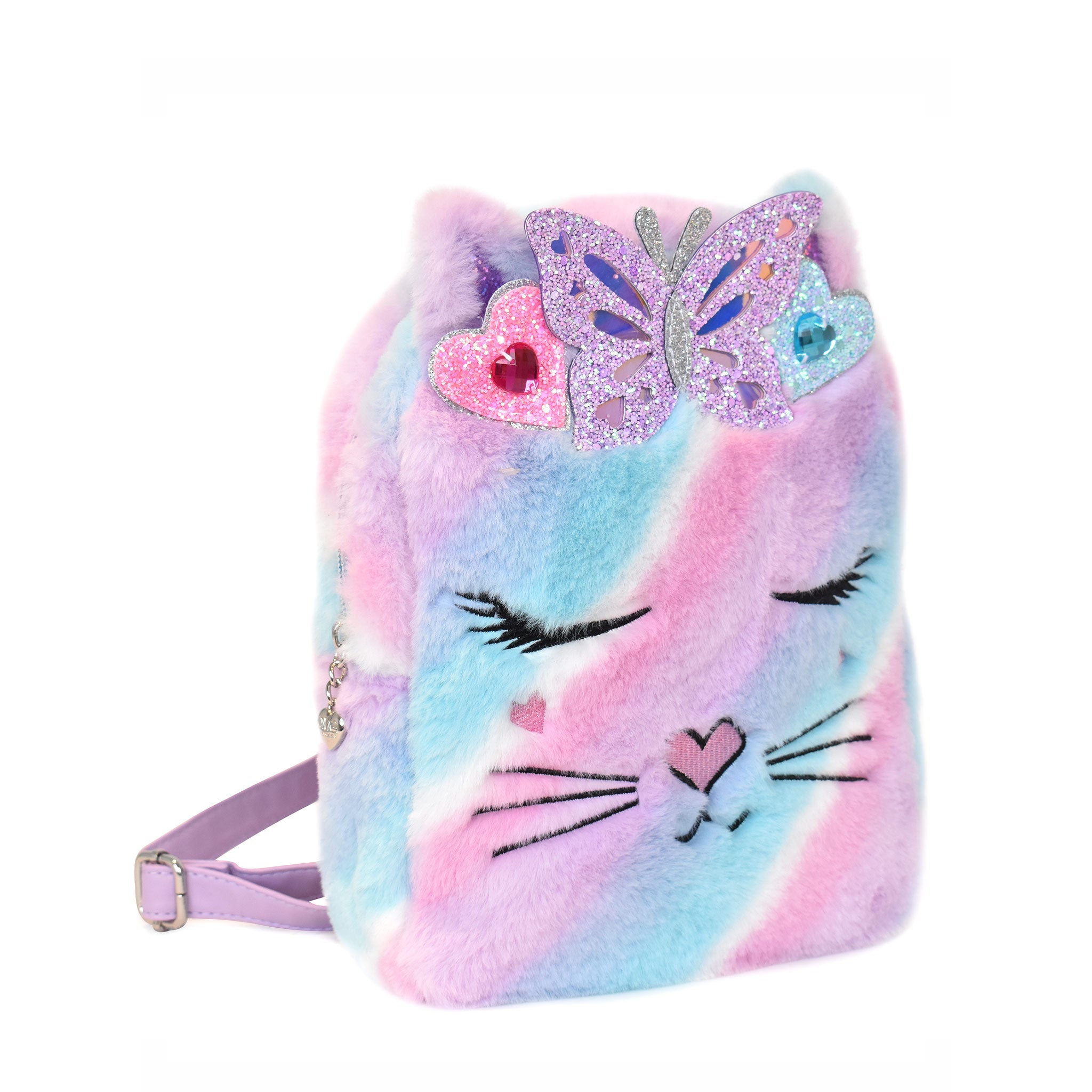 Side view of a cool-toned ombre plush kitty cat face mini backpack with a glitter butterfly crown