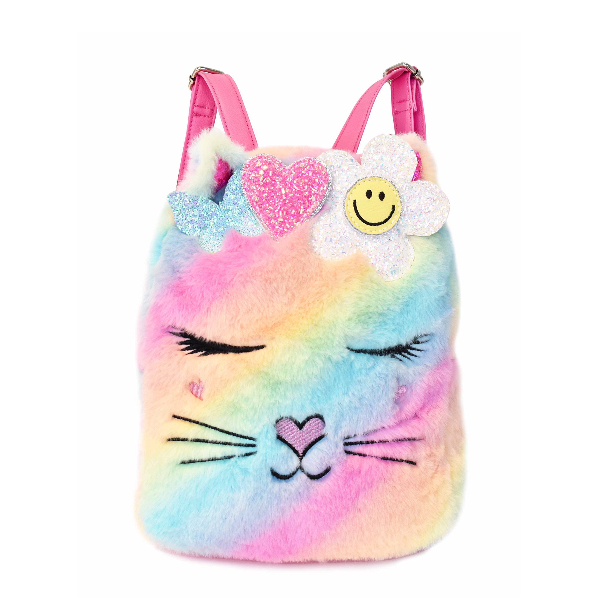 Front view of an ombre  plush kitty cat face mini backpack with a daisy and heart crown