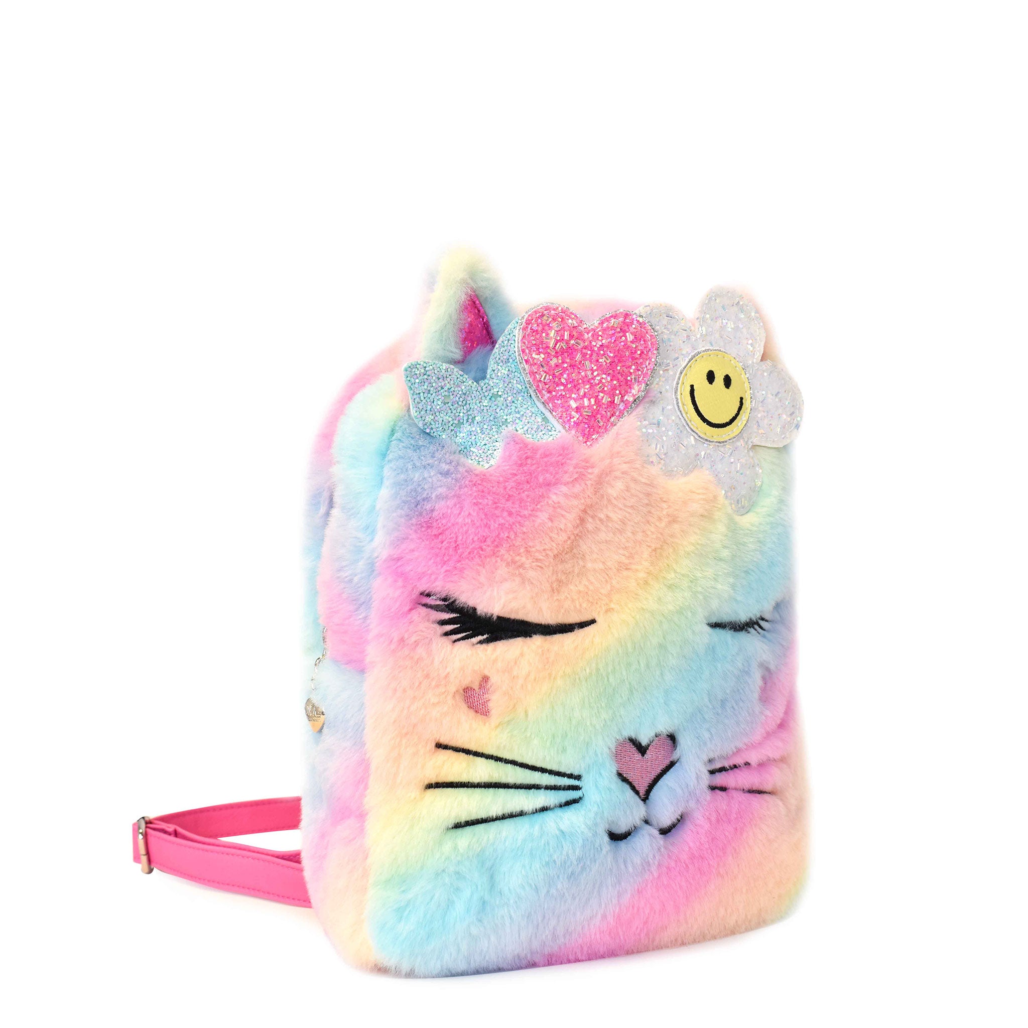 Side view of an ombre plush kitty cat face mini backpack with a daisy and heart crown