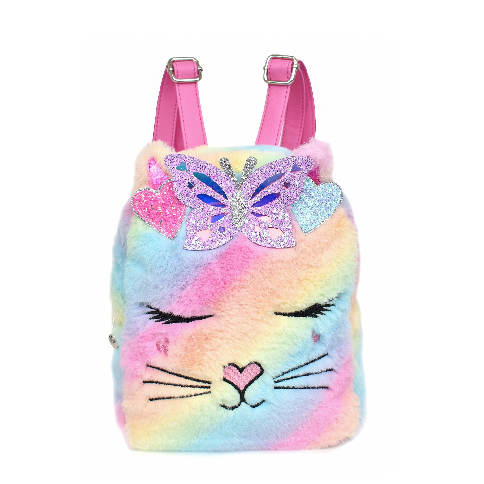 Front view of ombre plush kitty cat mini backpack with butterfly crown