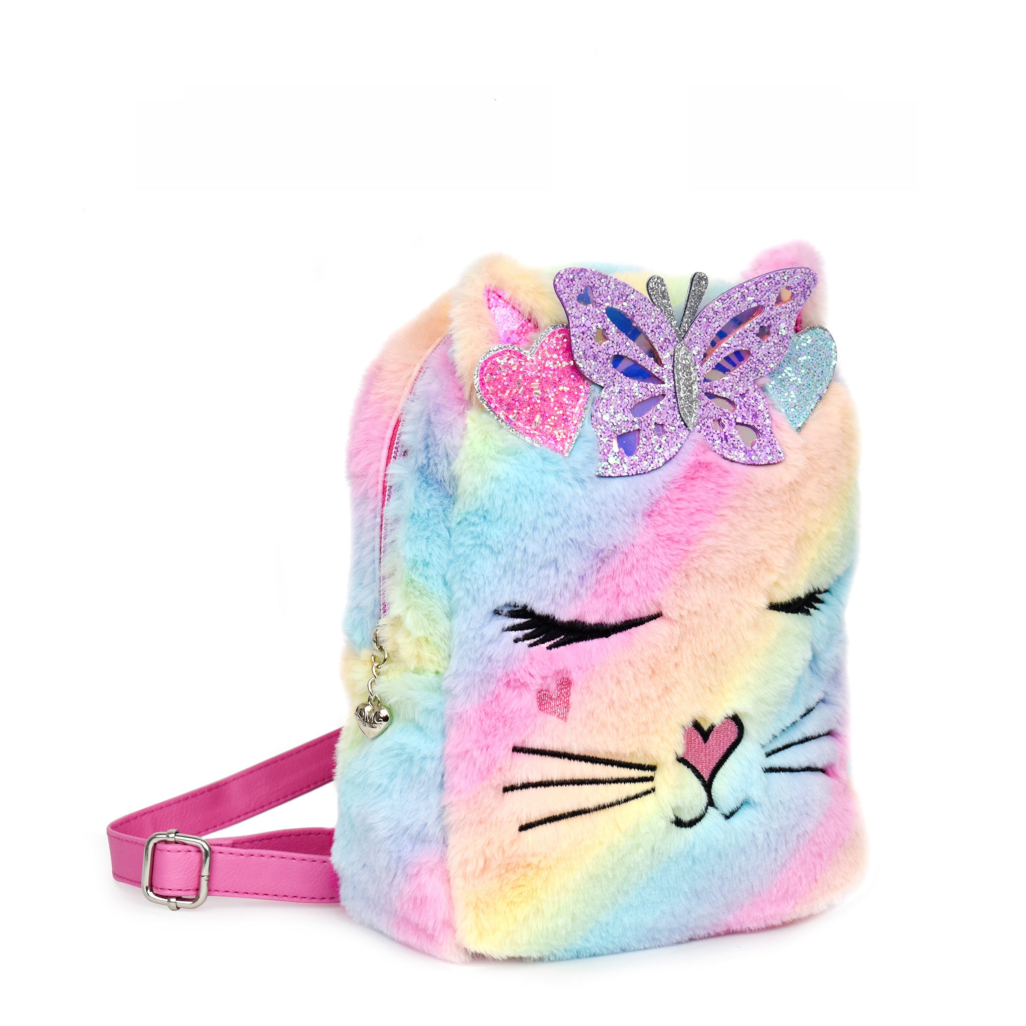 Side view of ombre plush kitty cat mini backpack with butterfly crown