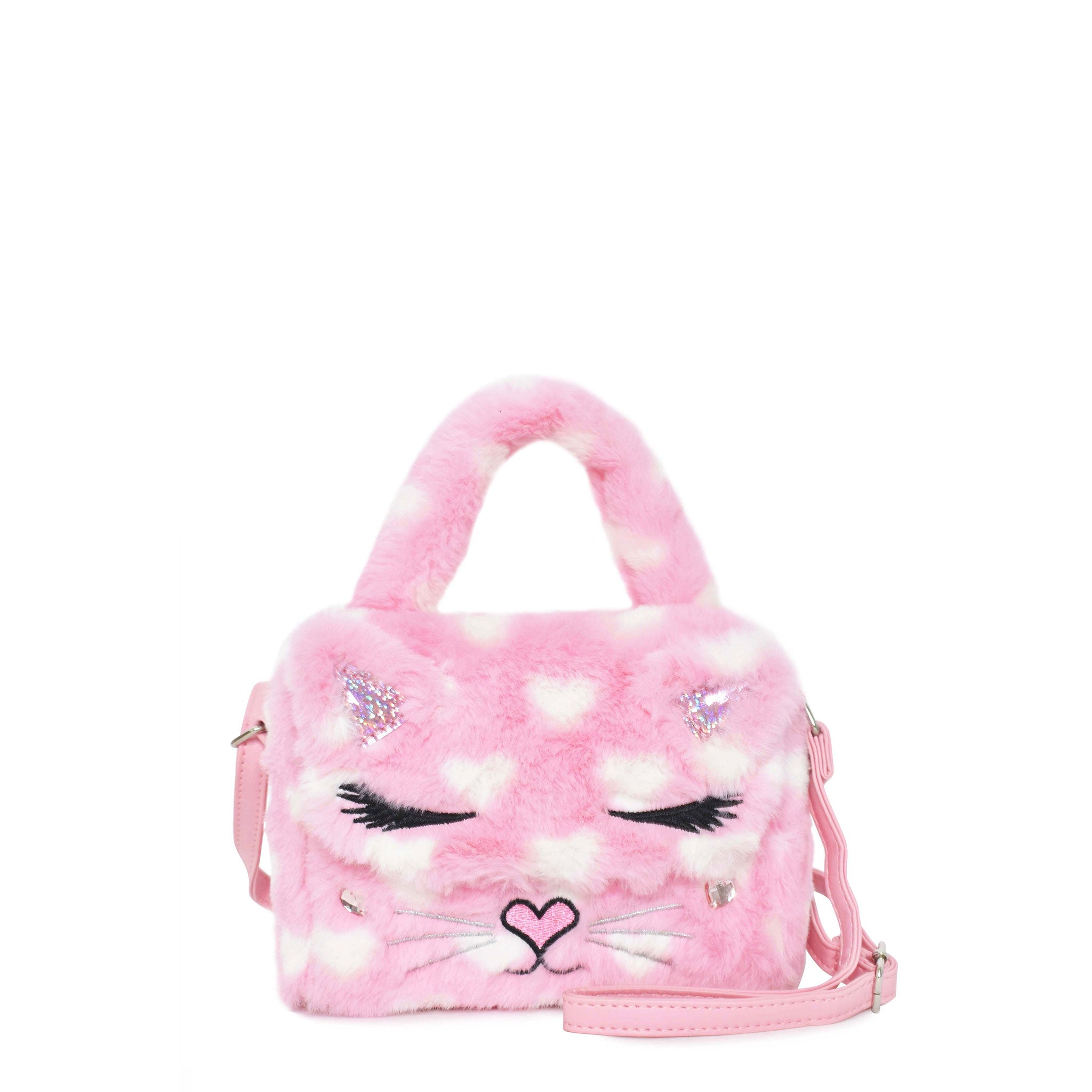 front view of a plush heart-printed flap front top handle mini bag with a kitty cat face appliqué.
