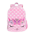 Front view of a pink heart printed plush large backpack with a kitty cat face and butterfly crown