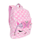 Side view of a pink heart printed plush large backpack with a kitty cat face and butterfly crown