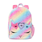 Front view of a rainbow ombre plush large backpack with a kitty cat face and heart crown