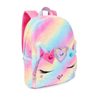 Side view of a rainbow ombre plush large backpack with a kitty cat face and heart crown