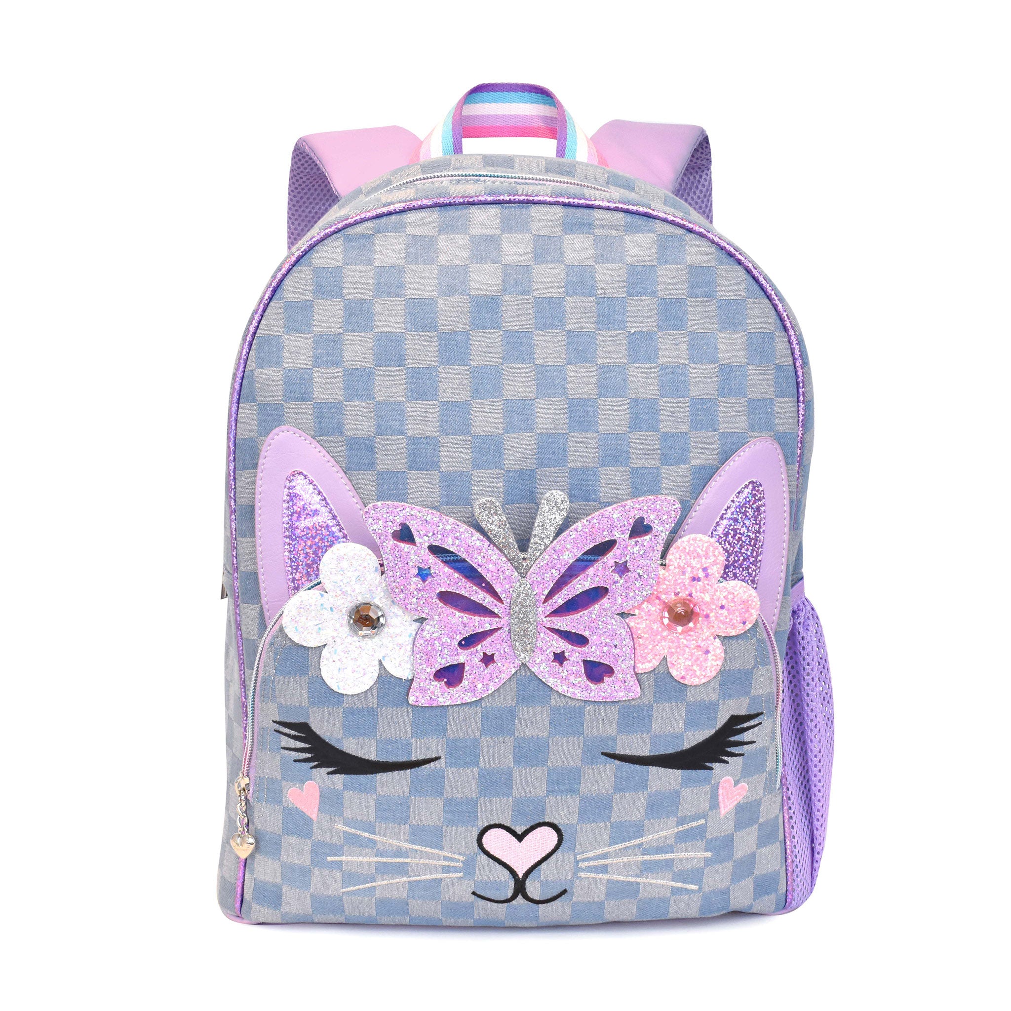 Front view of a denim checkerboard print large backpack featuring a kitty cat face with a glitter butterfly crown 