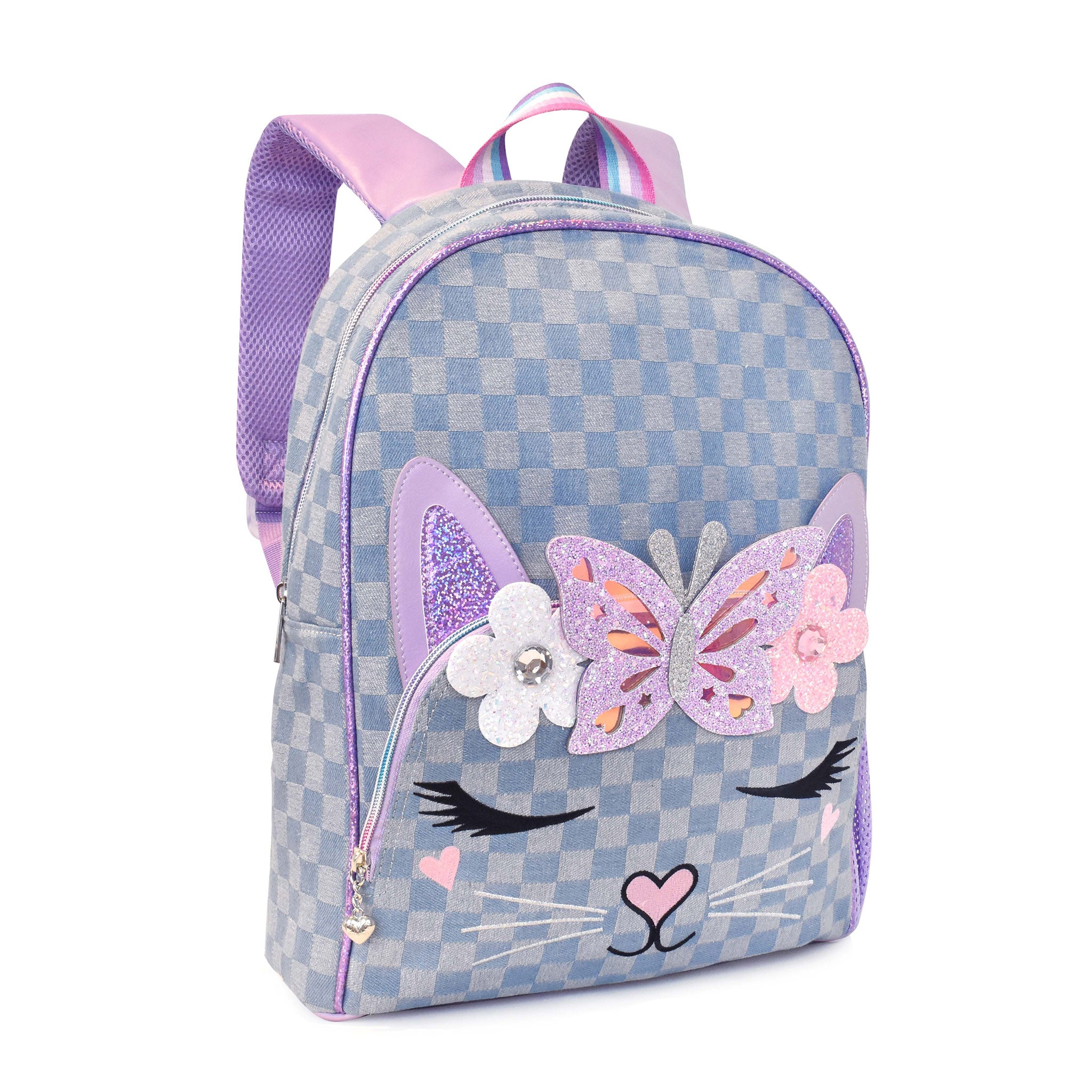 Side view of a denim checkerboard print large backpack featuring a kitty cat face with a glitter butterfly crown