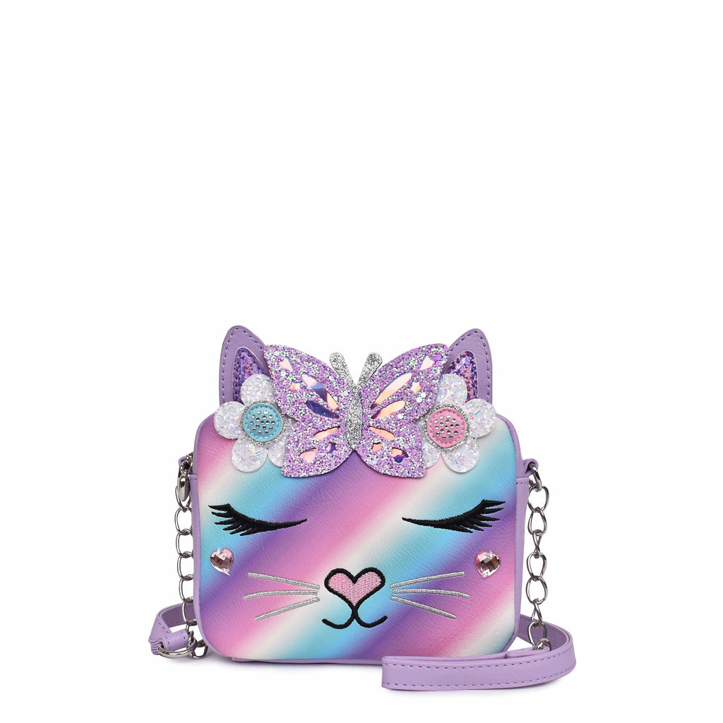 Front view of a cool pastel ombre kitty cat face crossbody embellished with glitter flowers and butterfly appliqués 