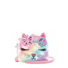 Front view of a rainbow plush kitty cat face with a rainbow peace sign applique