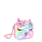 side view of a rainbow plush kitty cat face with a rainbow peace sign applique
