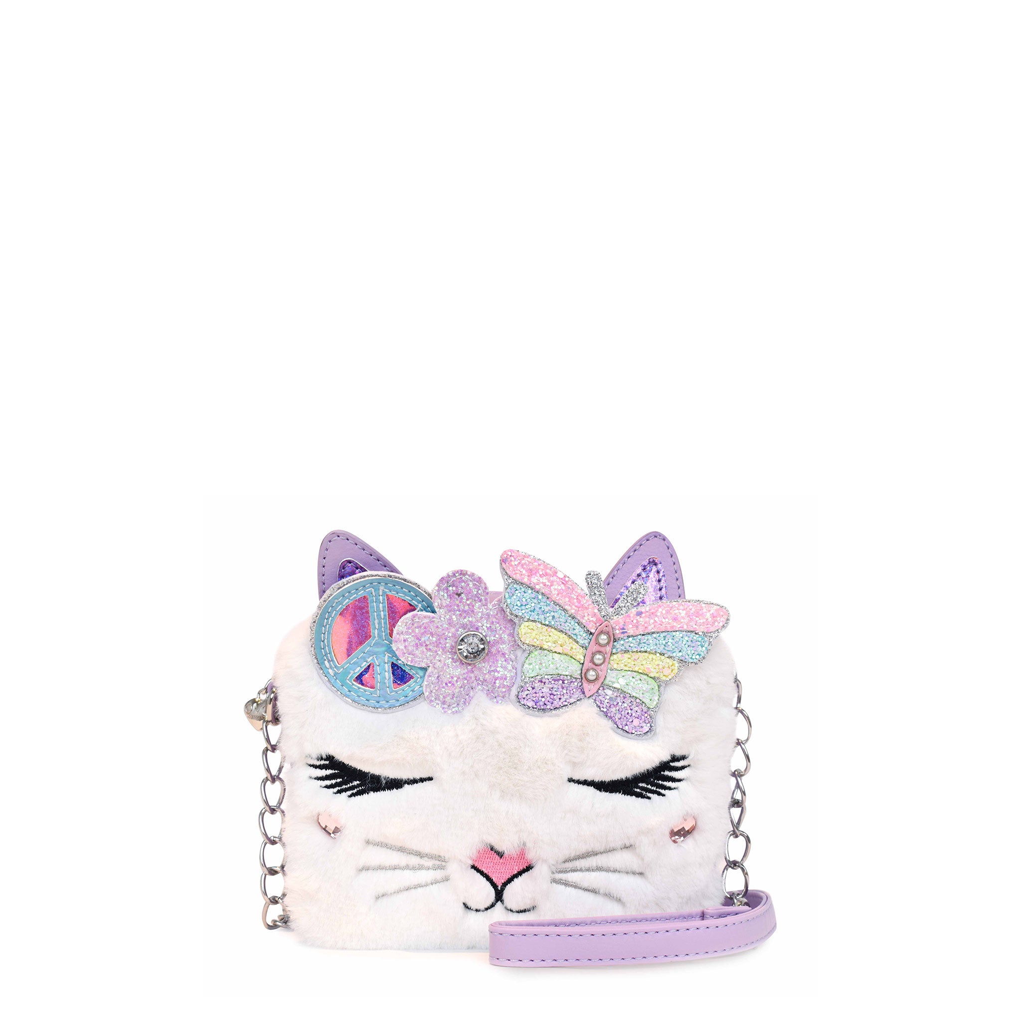 Front view of a plush kitty cat face crossbody bag with a glitter butterfly an peace sign crown 