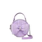 front view of a purple tweed rounded crossbody bag with with a large bow applique