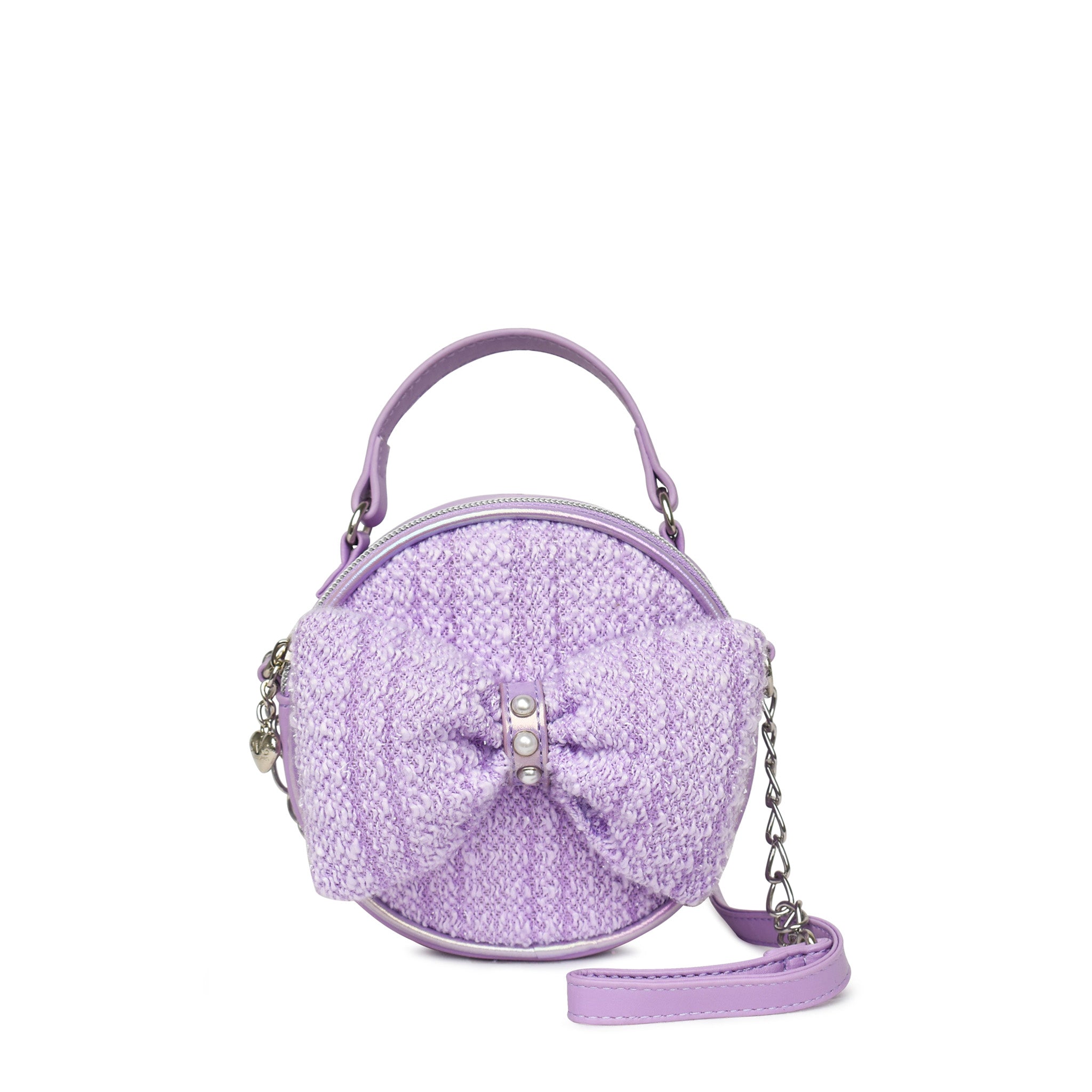 front view of a purple tweed rounded crossbody bag with with a large bow applique