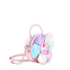 side view of a multi colored vinyl daisy shaped crossbody bag with a pink pearl beaded top handle.