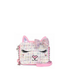 Front view of a kitty cat face tweed crossbody bag with a sequin bow embellishment  