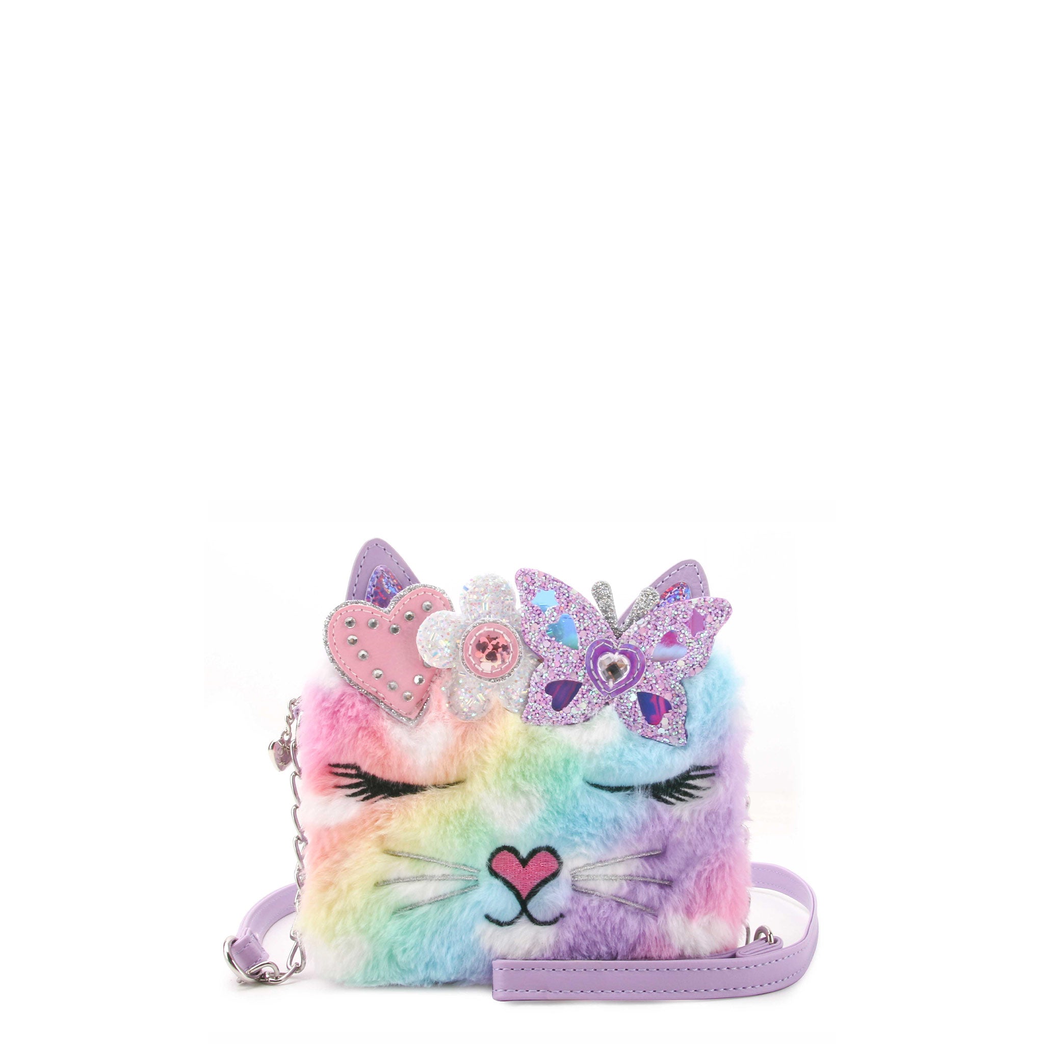 front view of a plush ombre, cat face crossbody bag with a glitter butterfly crown appliqué 
