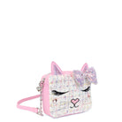 Side view of a kitty cat face tweed crossbody bag with a sequin bow embellishment