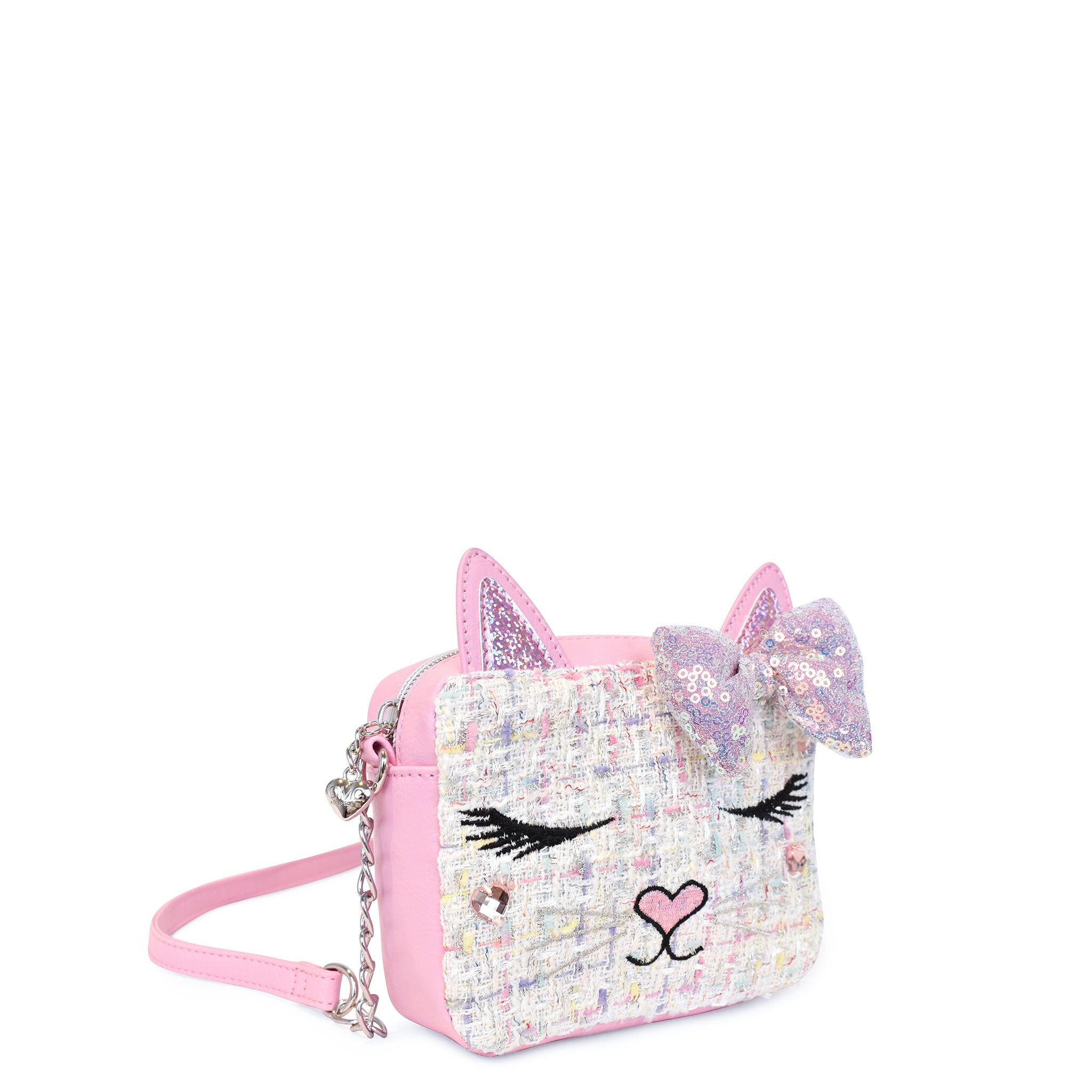 Side view of a kitty cat face tweed crossbody bag with a sequin bow embellishment