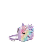 side view of a plush ombre, cat face crossbody bag with a glitter butterfly crown appliqué 
