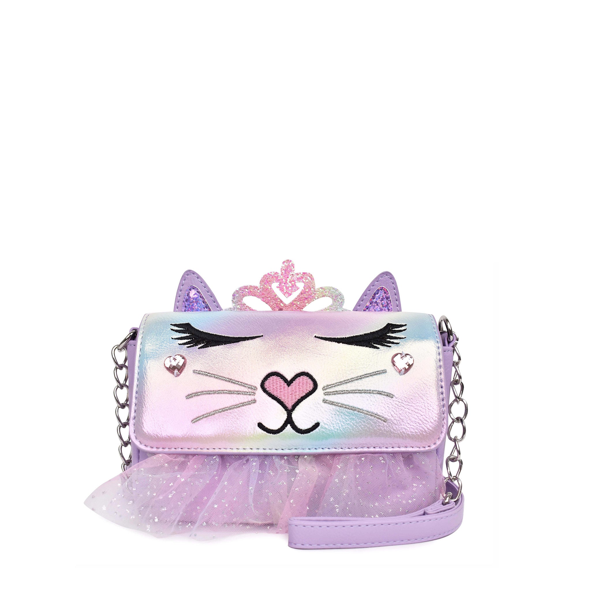 Front view of a kitty cat face front flap crossbody bag with a glitter tiara appliqué