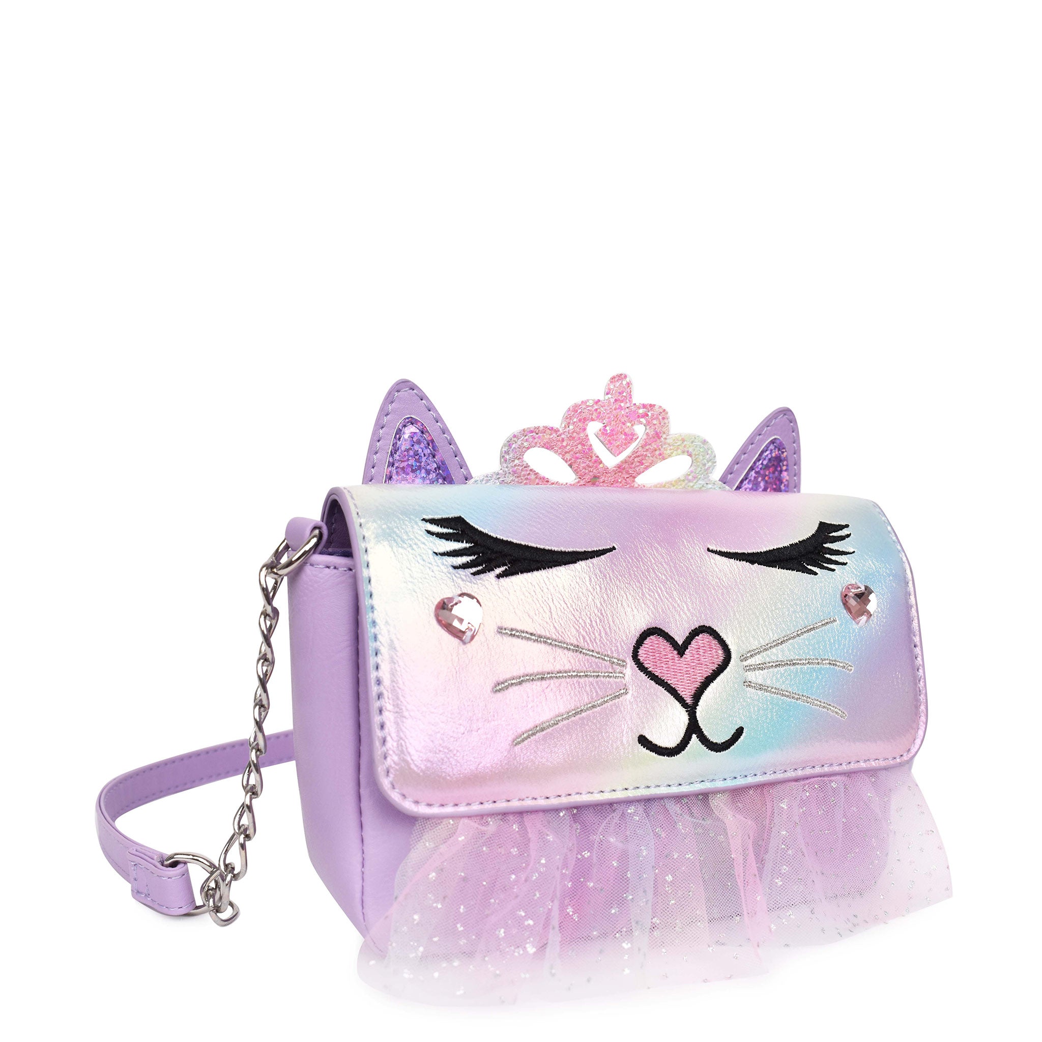 Side view of a kitty cat face front flap crossbody bag with a glitter tiara appliqué