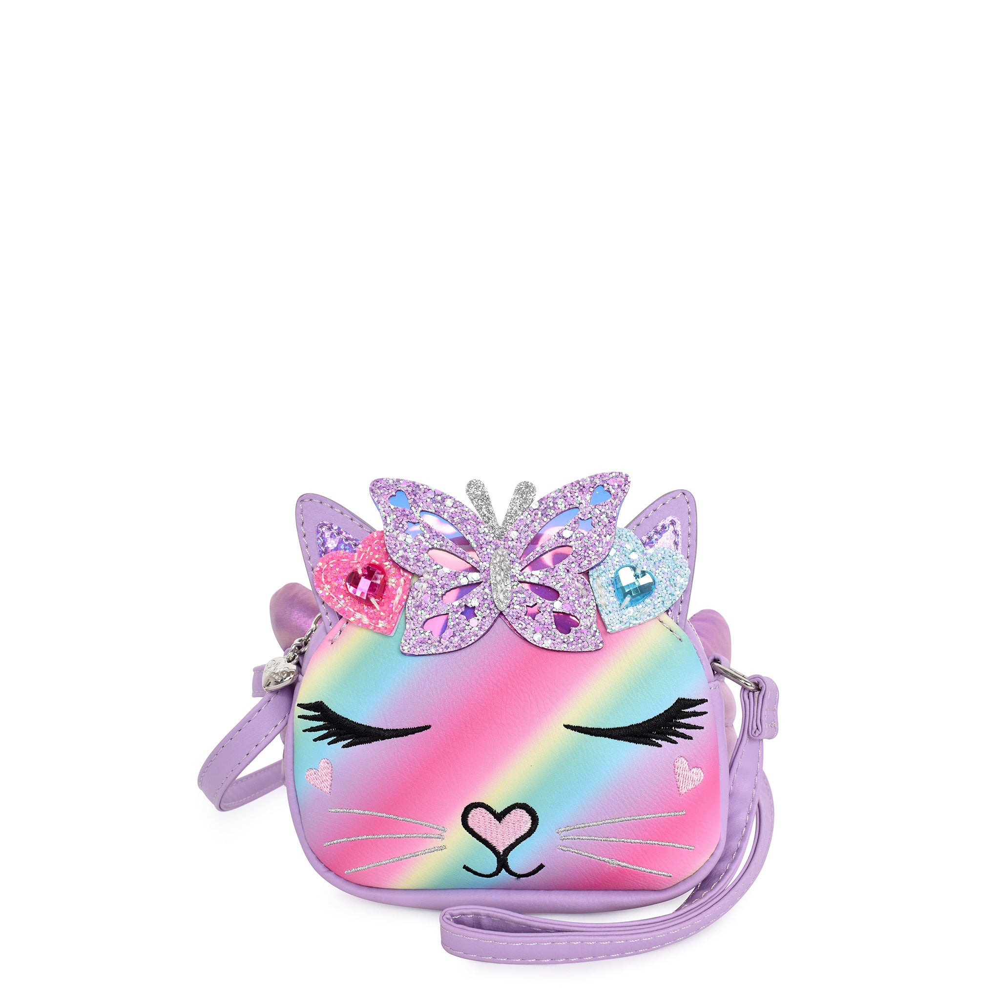 Front view of an ombre rounded cat face crossbody with glitter butterfly and heart appliqués 