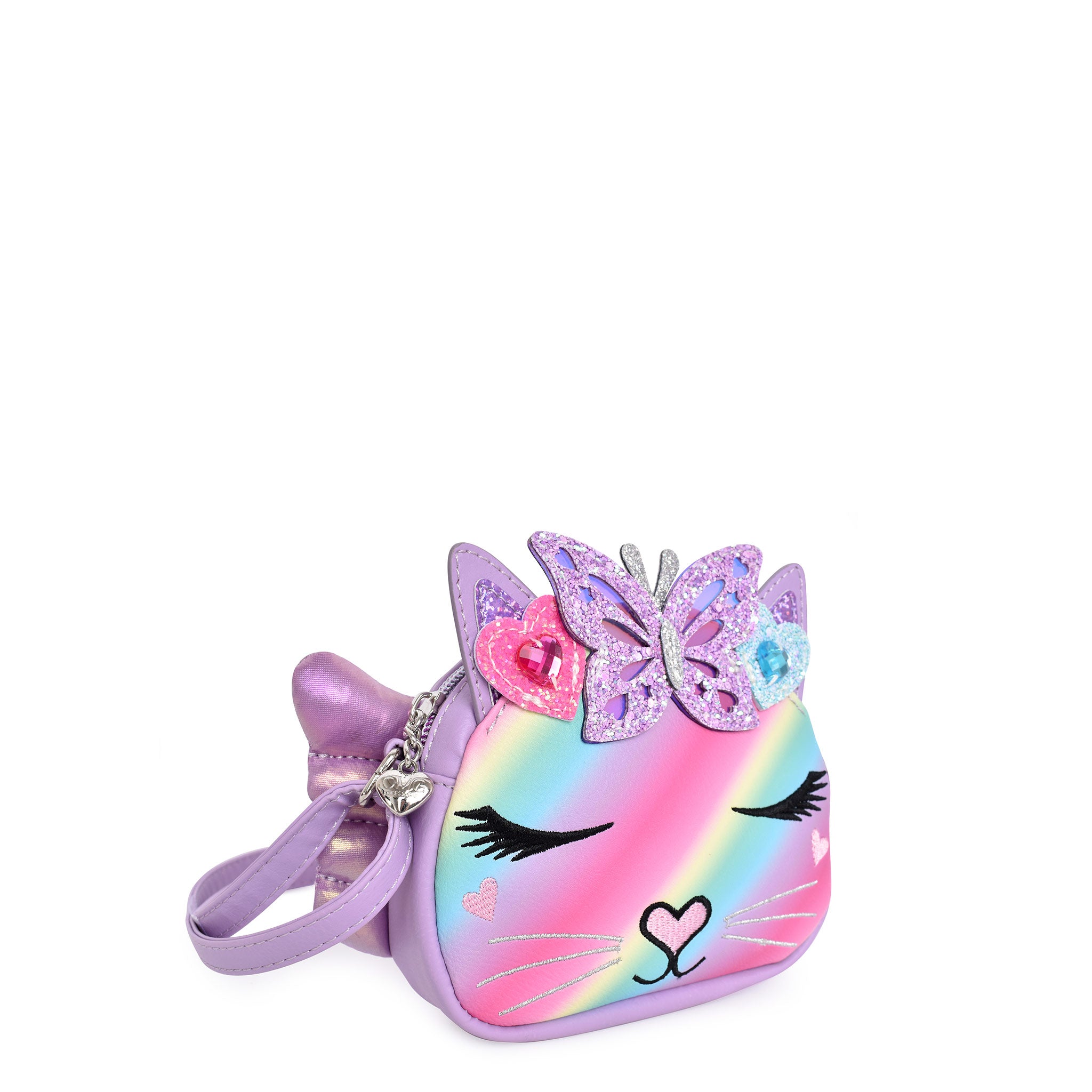 Side  view of an ombre rounded cat face crossbody with glitter butterfly and heart appliqués