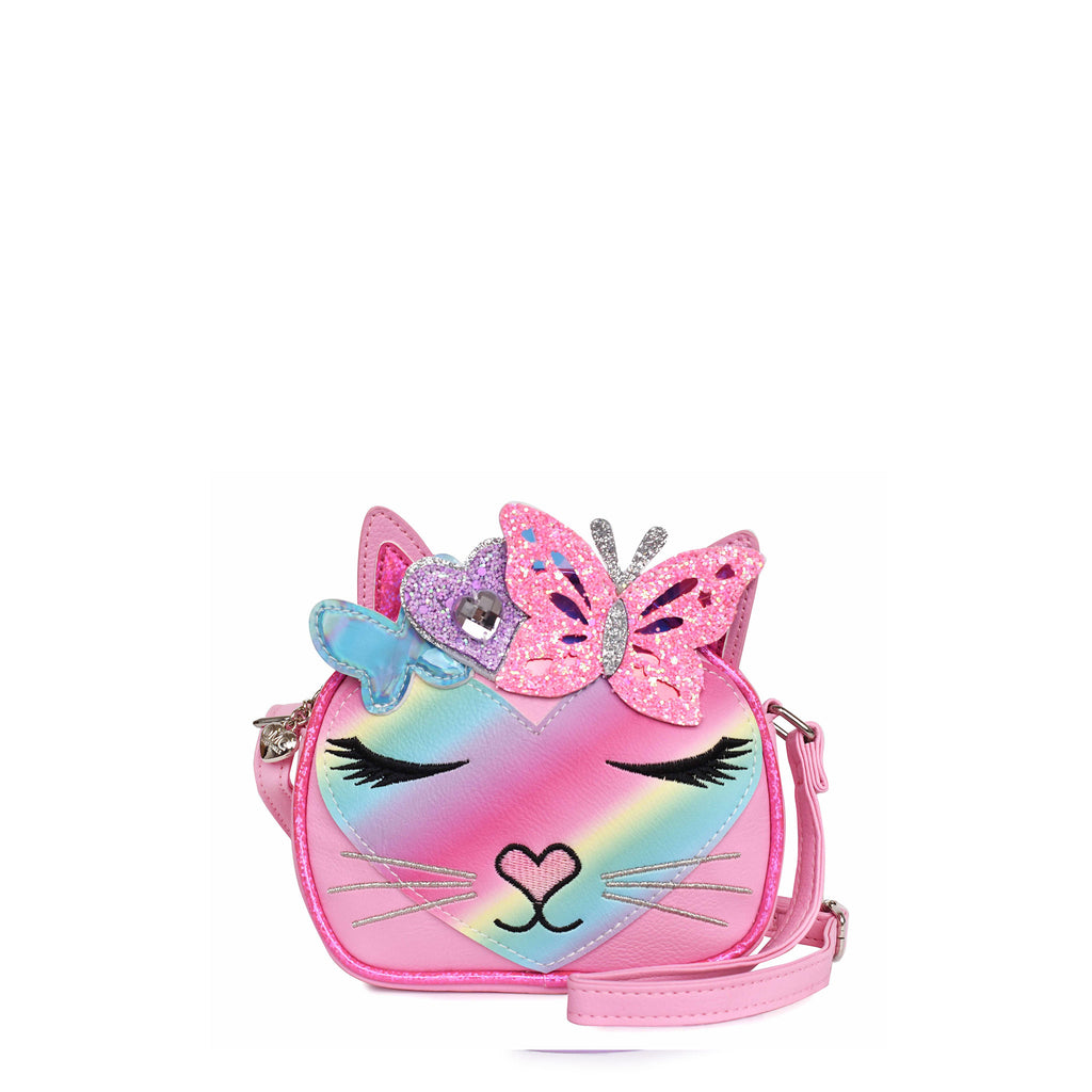Front view of rounded kitty crossbody with ombre heart-shaped face and butterfly crown