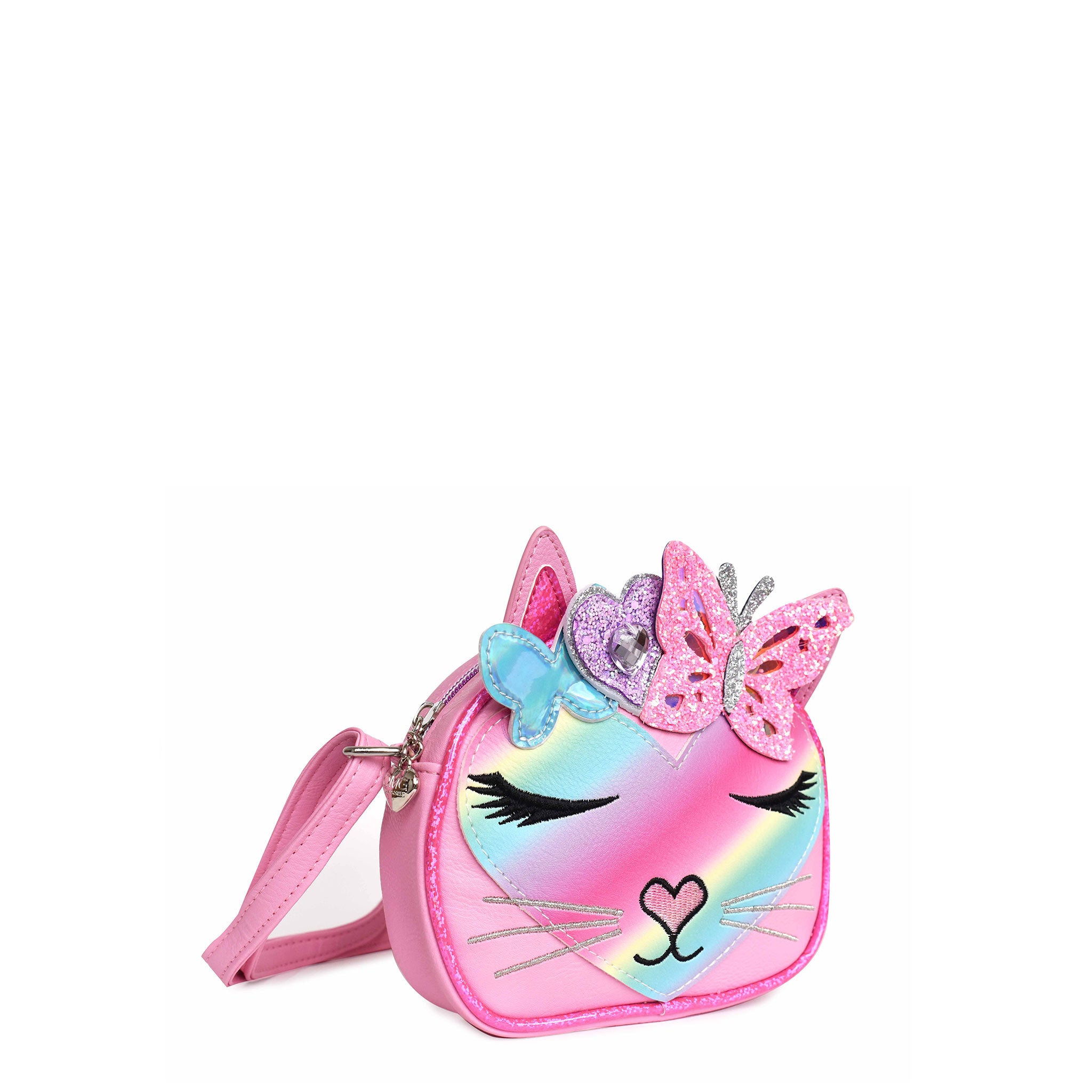 Side view of rounded kitty crossbody with ombre heart-shaped face and butterfly crown