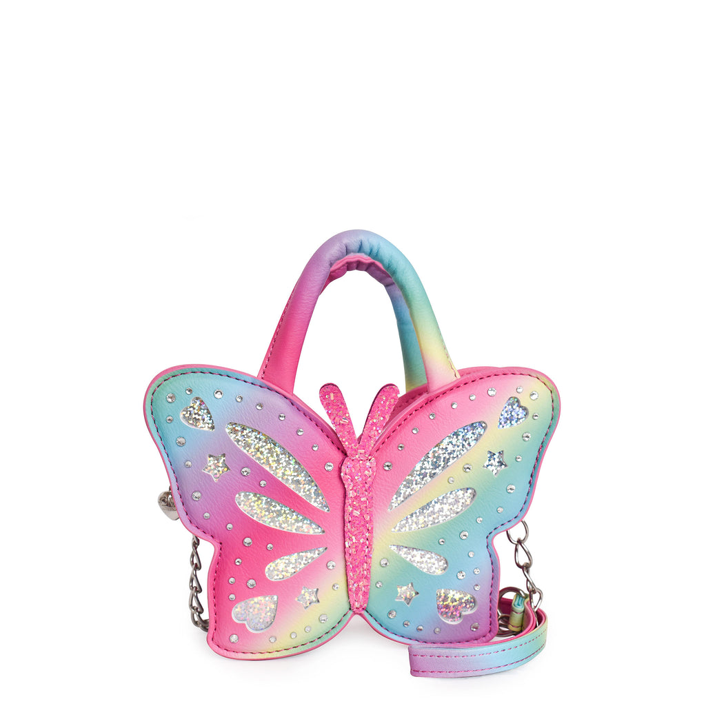 Front view of ombre striped butterfly shaped top handle crossbody 