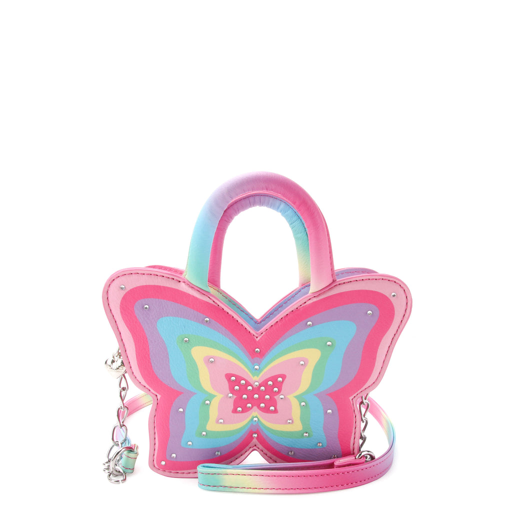 Front view of rayed rainbow rhinestone butterfly-shaped top-handle crossbody bag