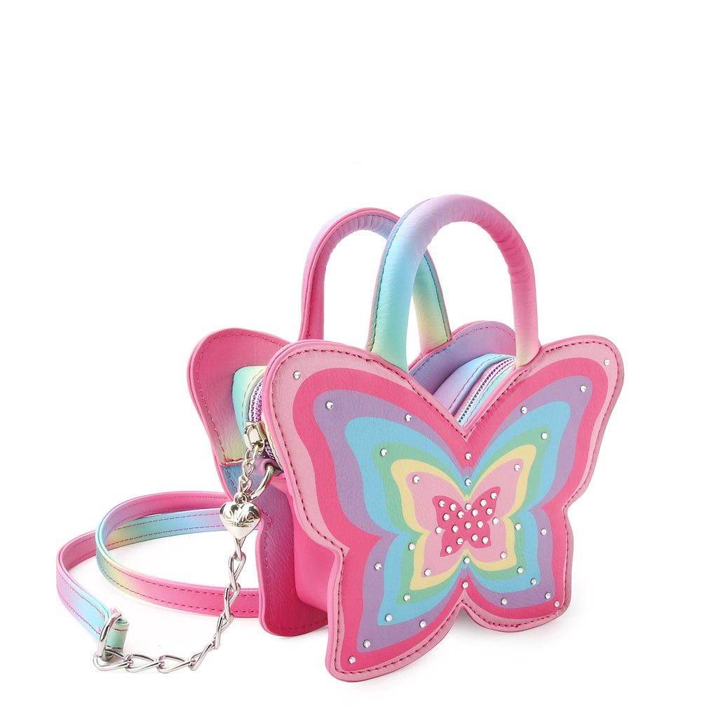 Side view of rayed rainbow rhinestone butterfly-shaped top-handle crossbody bag